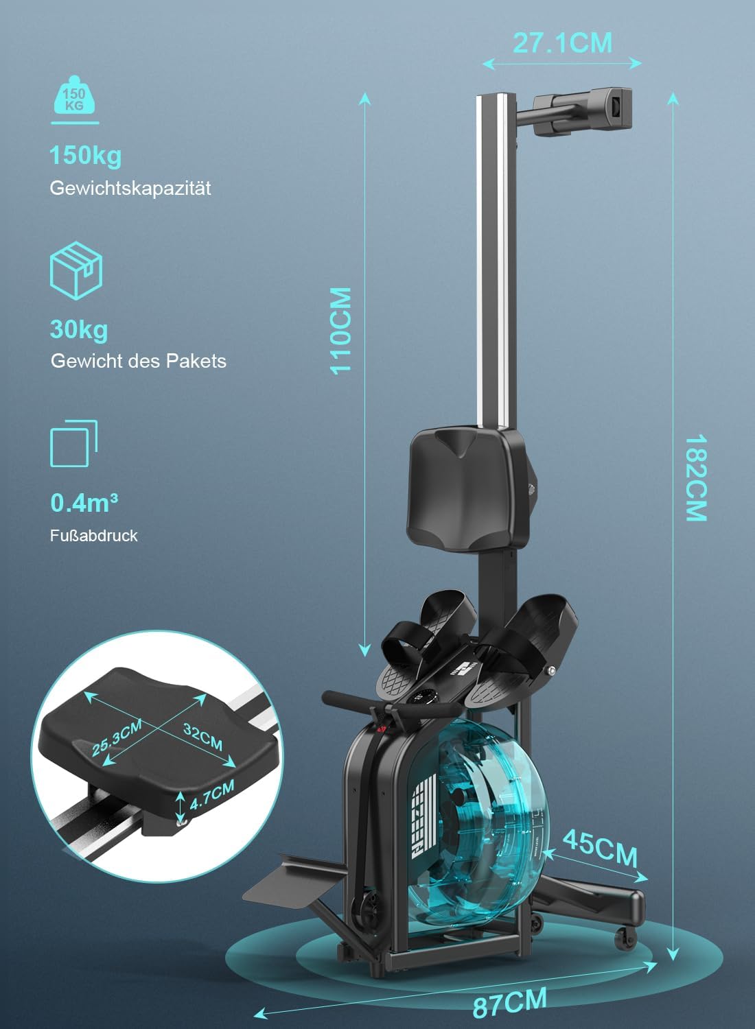 NEEZEE Wasserrudergerät: Bluetooth-Monitor, Tablet-Halterung, 150 kg Kapazität