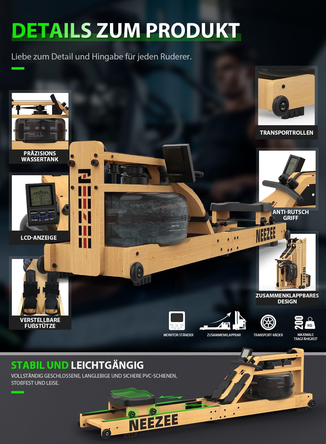 Neezee Water Rowing Machine | Solid Wood, Foldable, Bluetooth Display