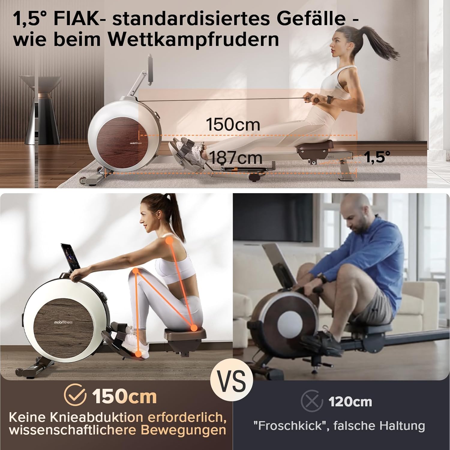 MOBI FITNESS Rudergerät: Magnetisch, leise, 40 Widerstände, LED