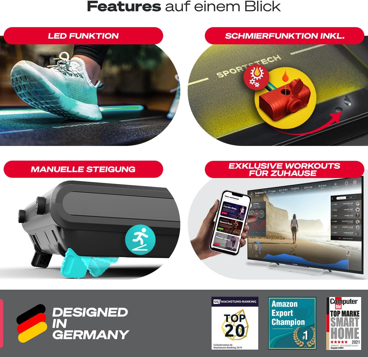 Sportstech Klappbares LED‑Laufband: Walking Pad mit Bluetooth‑App