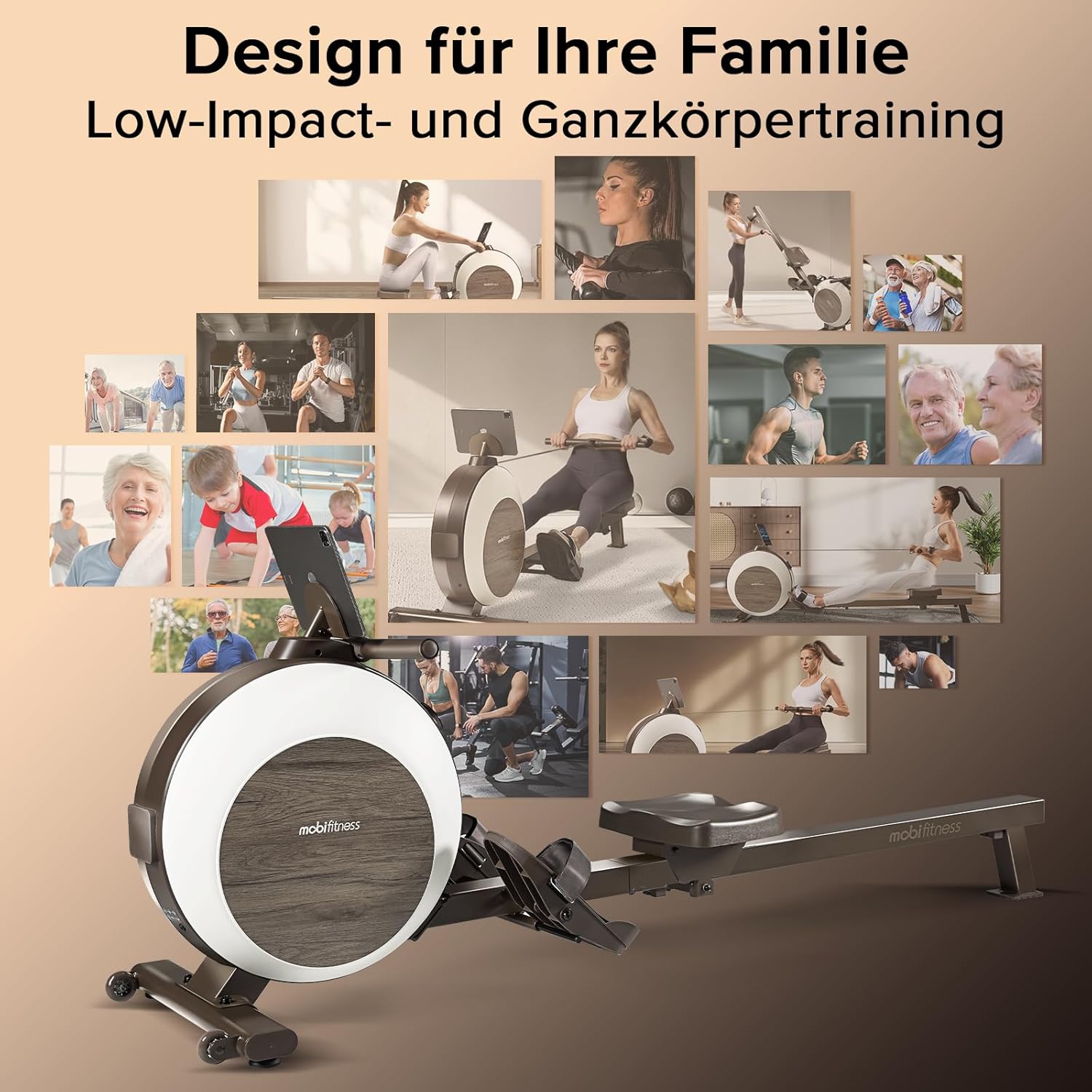 MOBI FITNESS Rudergerät: Magnetisch, leise, 40 Widerstände, LED