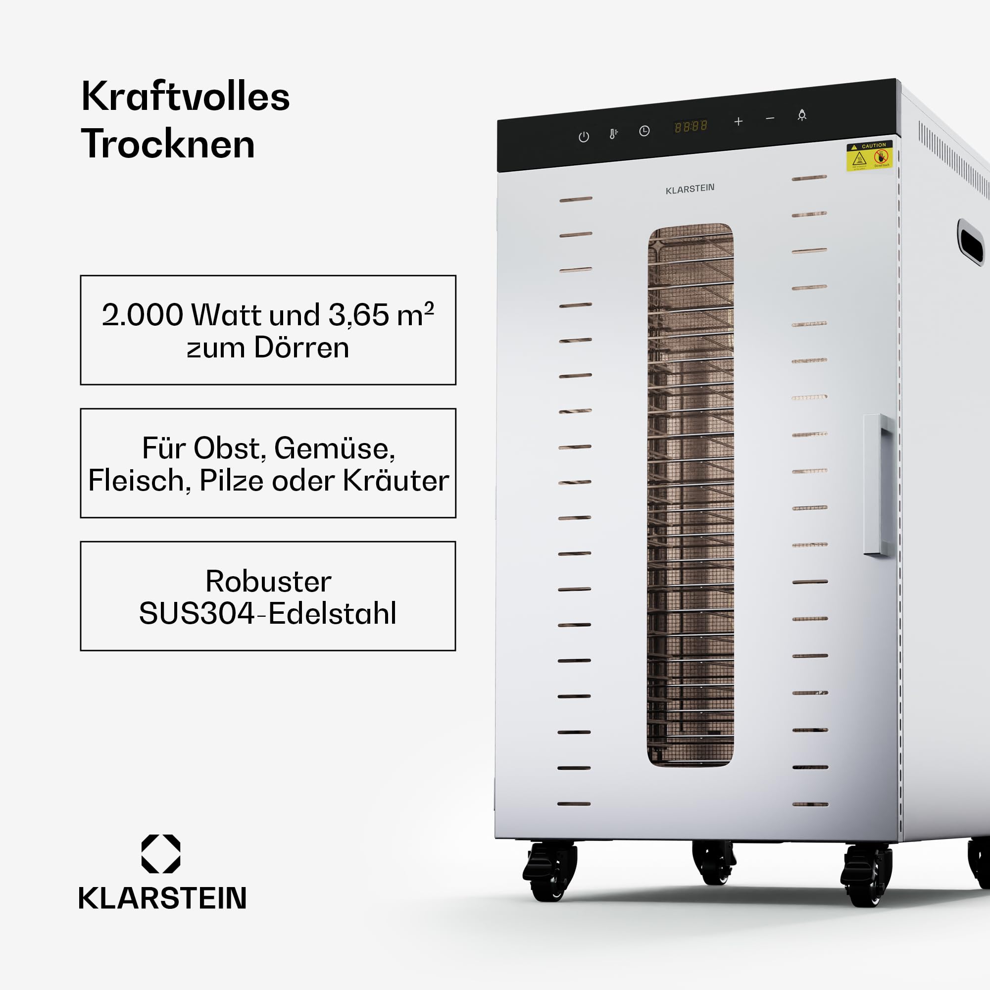 Klarstein Dörrautomat Edelstahl – 4.000-W-Dörrgerät, 48 Edelstahl-Einlegeböden, 30–90 °C, 24-Stunden-Timer, 6 Ventilatoren, 2 Trockenkammern, 50–55 dB, ideal für Obst, Gemüse, Fleisch, Kräuter, Silber