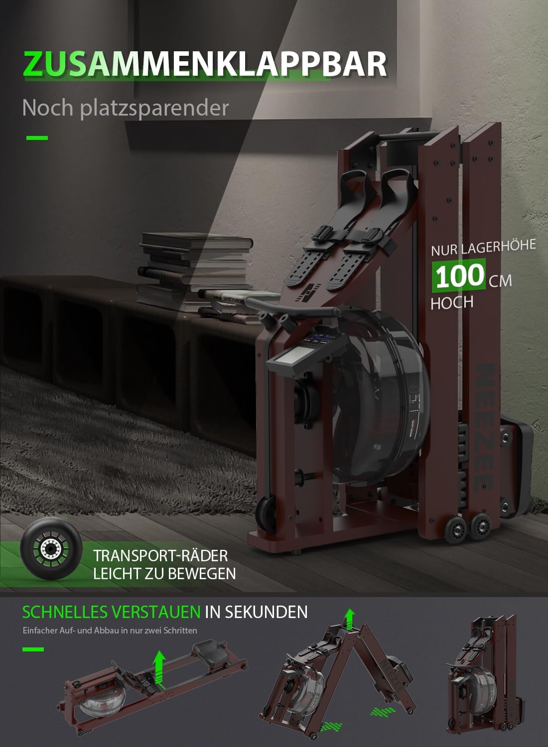 Neezee Water Rudergerät: Massivholz-Heimtrainer