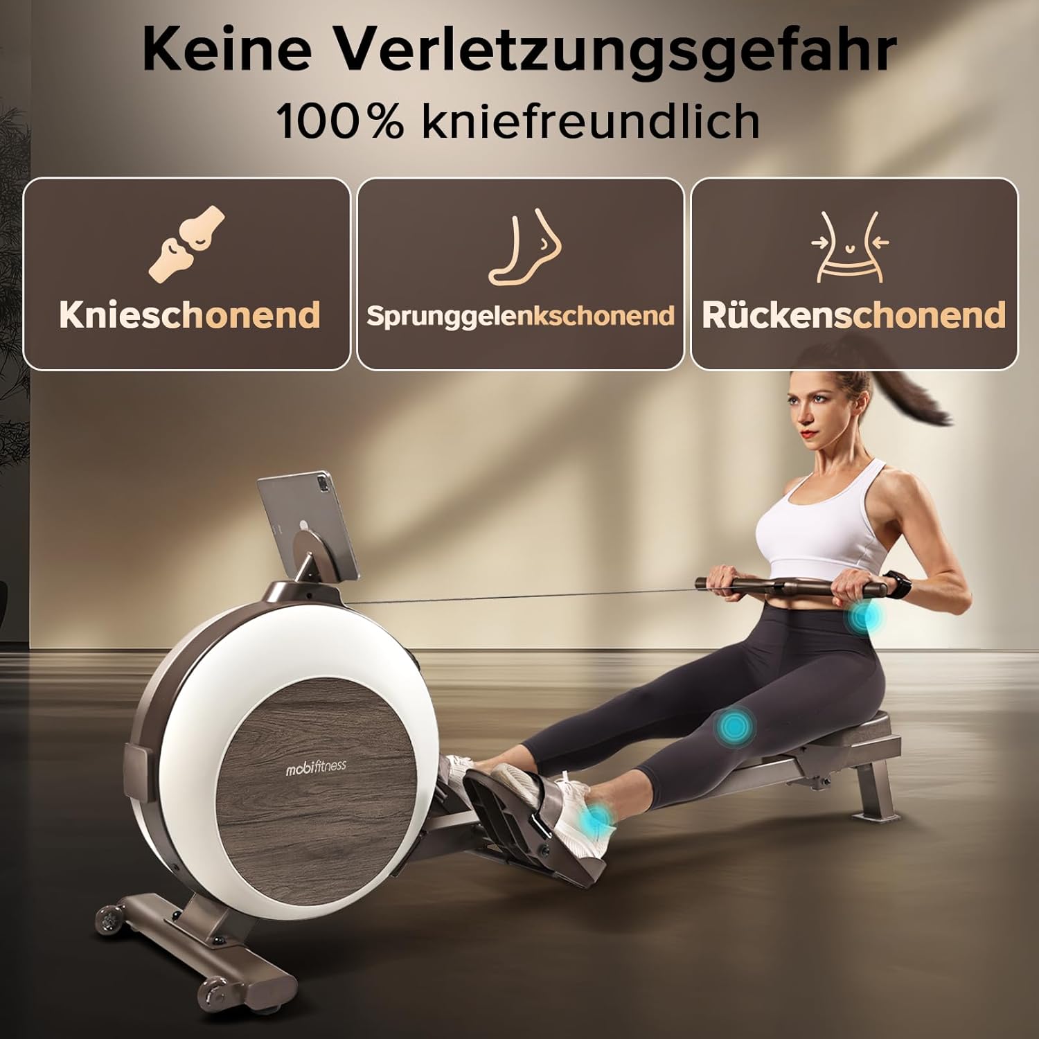 MOBI FITNESS Rudergerät: Magnetisch, leise, 40 Widerstände, LED