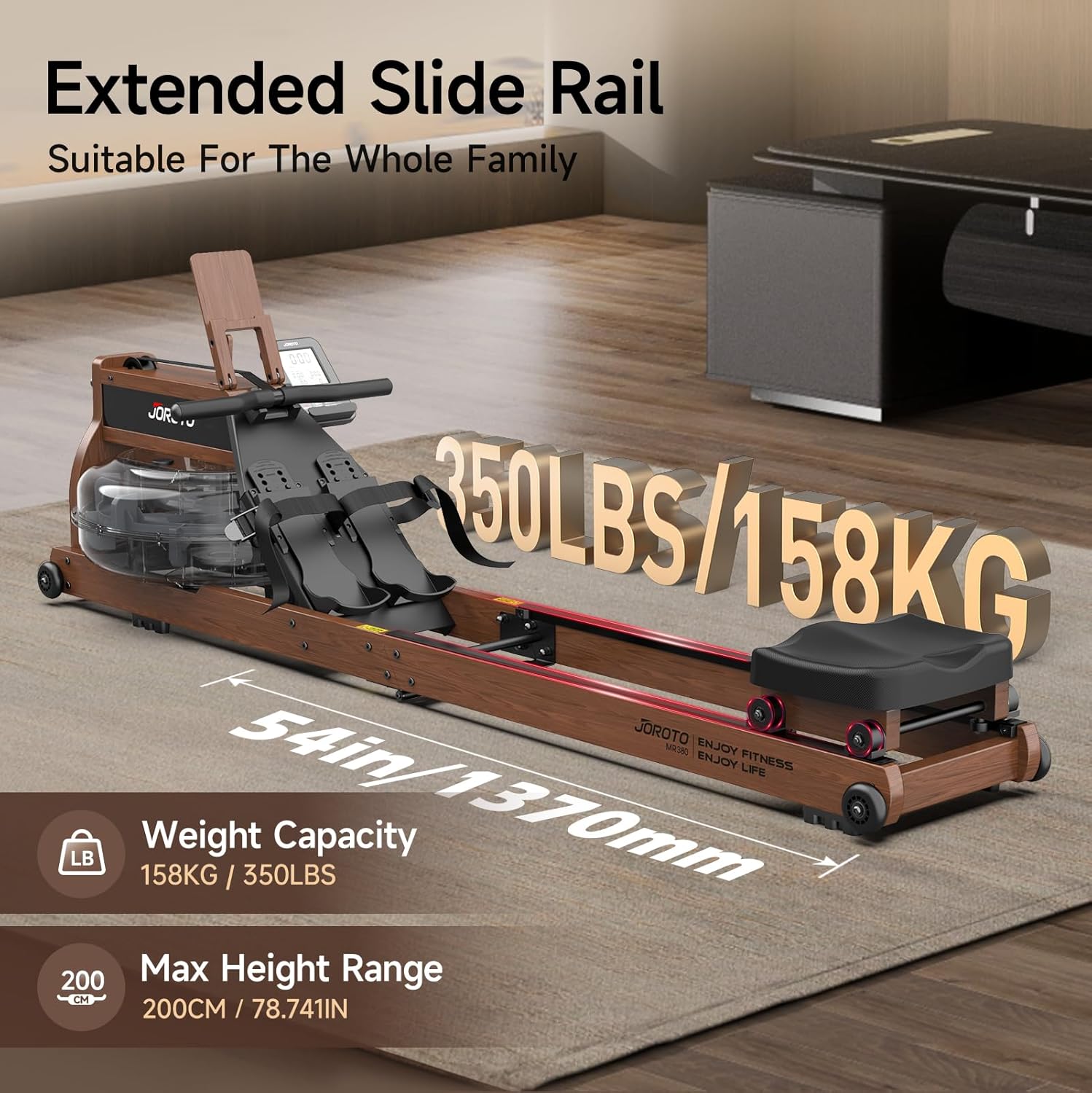 JOROTO MR380/MR390: Klappbares Eichenholz‑Rudergerät mit 28 L Tank und Bluetooth‑Monitor