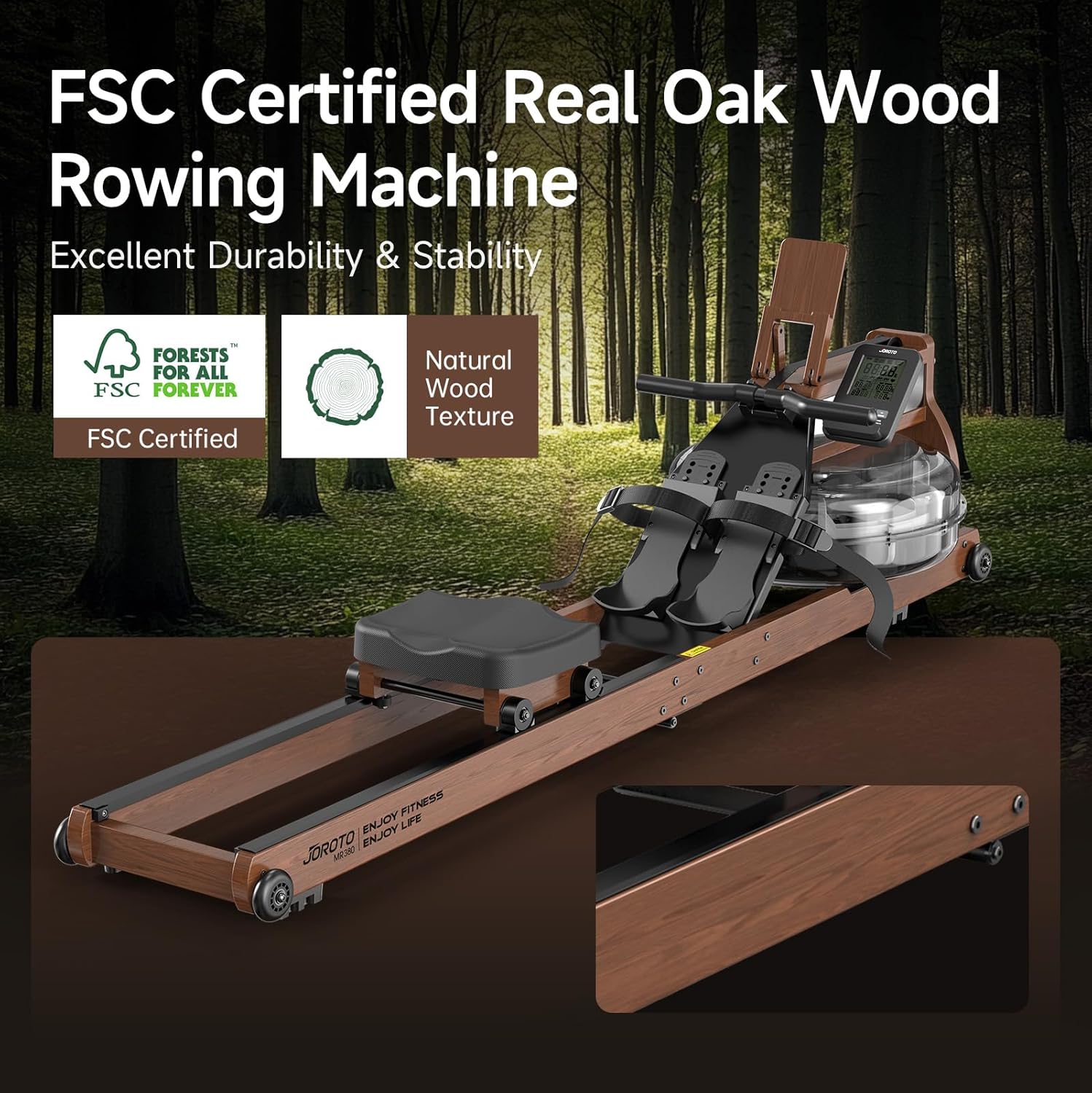 JOROTO MR380/MR390: Klappbares Eichenholz‑Rudergerät mit 28 L Tank und Bluetooth‑Monitor