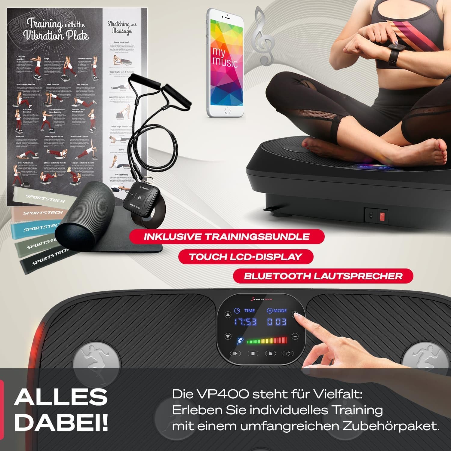 Sportstech VP400: 4D Vibrationsplatte mit Smart‑LED und Trainingsbändern