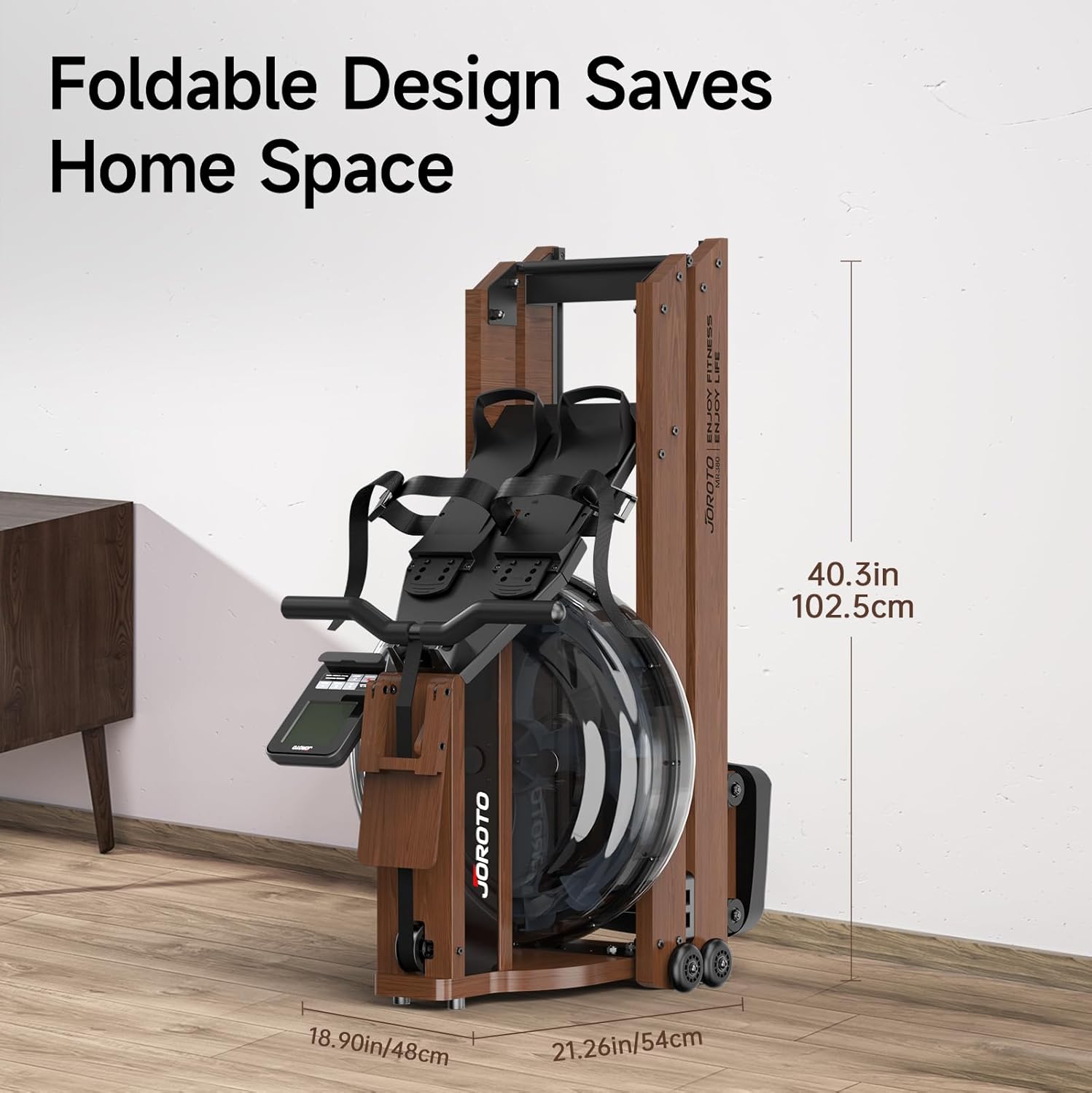 JOROTO MR380/MR390: Klappbares Eichenholz‑Rudergerät mit 28 L Tank und Bluetooth‑Monitor