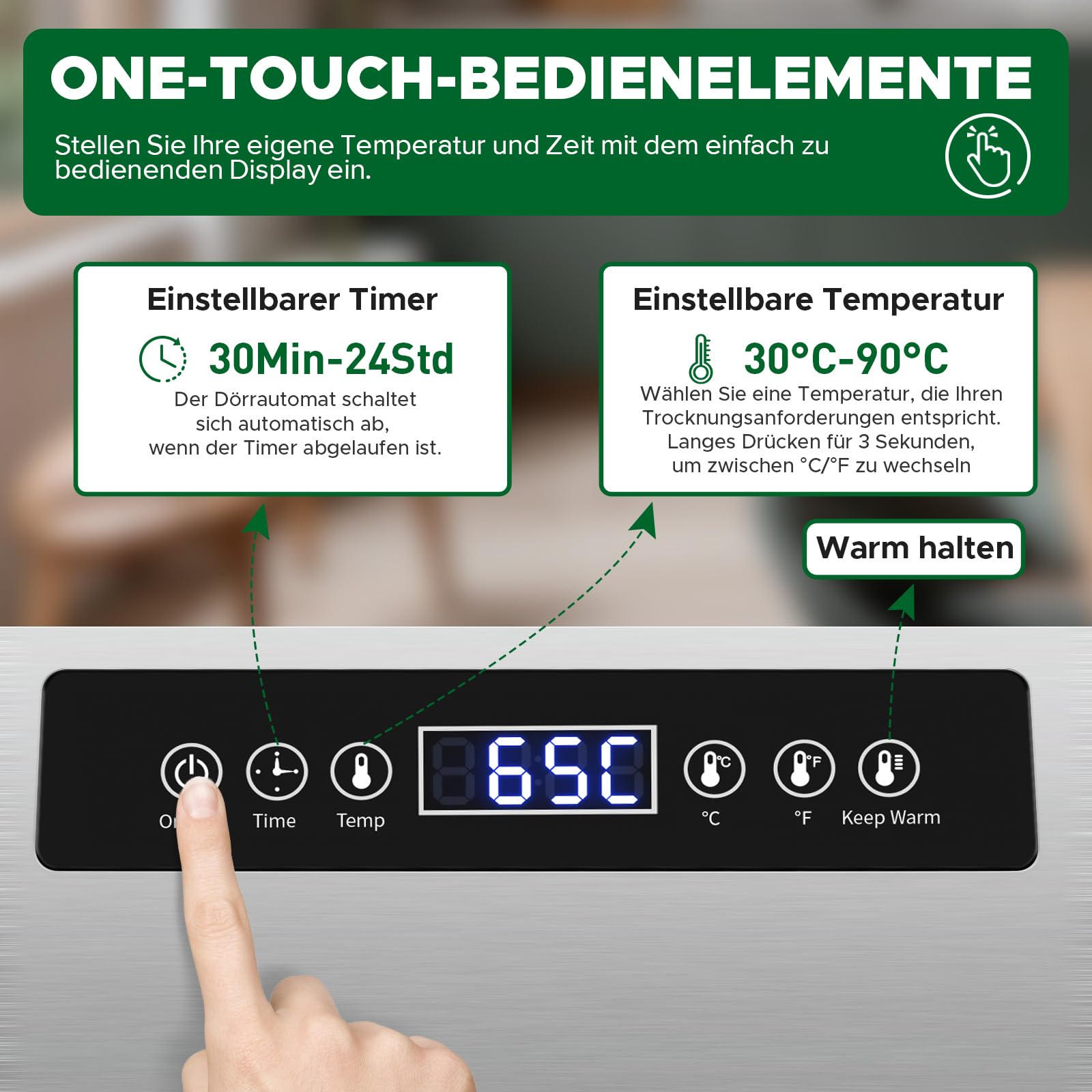 Kwasyo Dörrautomat Edelstahl DA 1000, XXL-Dörrfläche 1,8 m², Dörrgerät Temperatur einstellbar 30-90℃, LED-Display, 24 Std, BPA-frei, mit Rezeptheft, 10 Edelstahl-Dörrtabletts