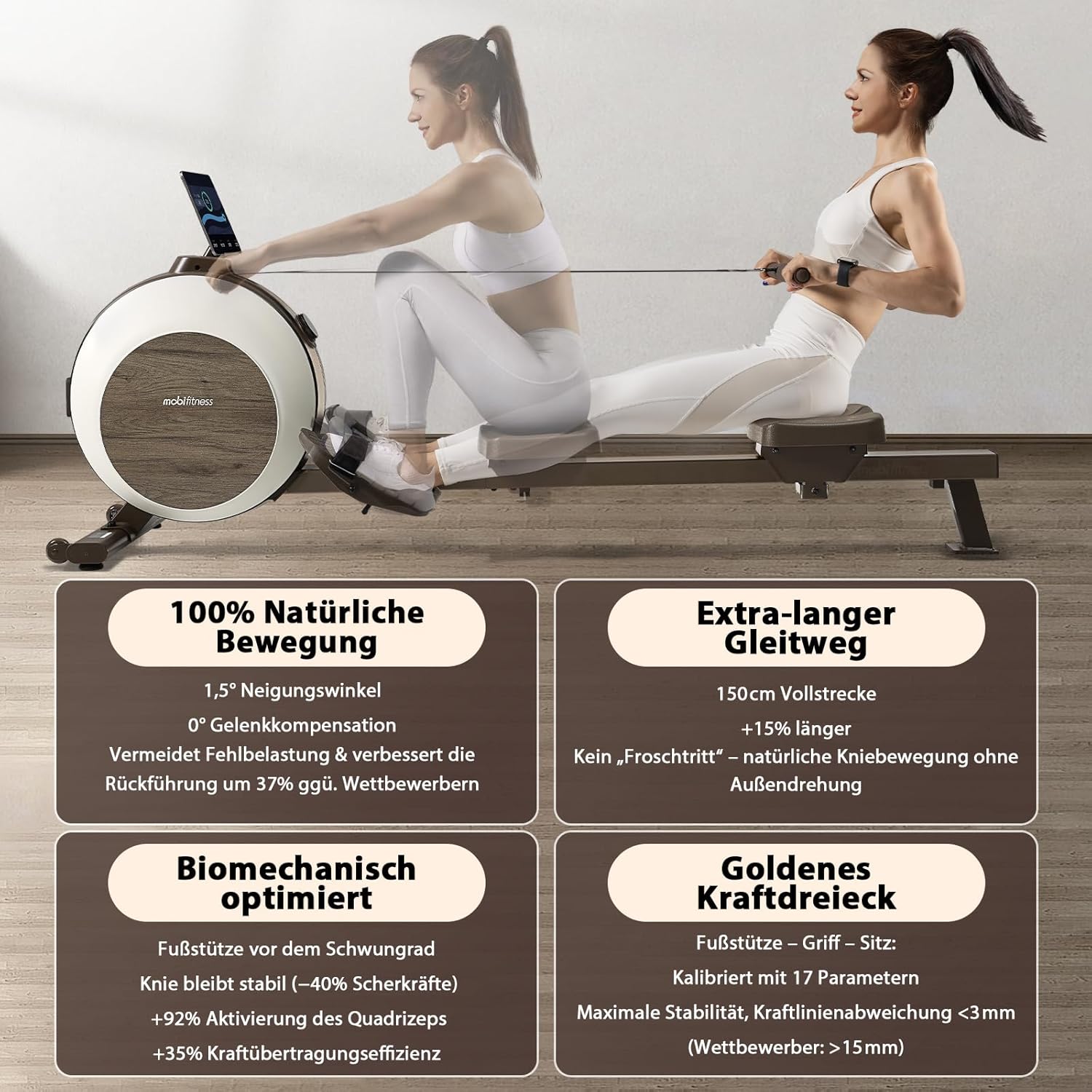 MOBI FITNESS Rudergerät: Magnetisch, leise, 40 Widerstände, LED