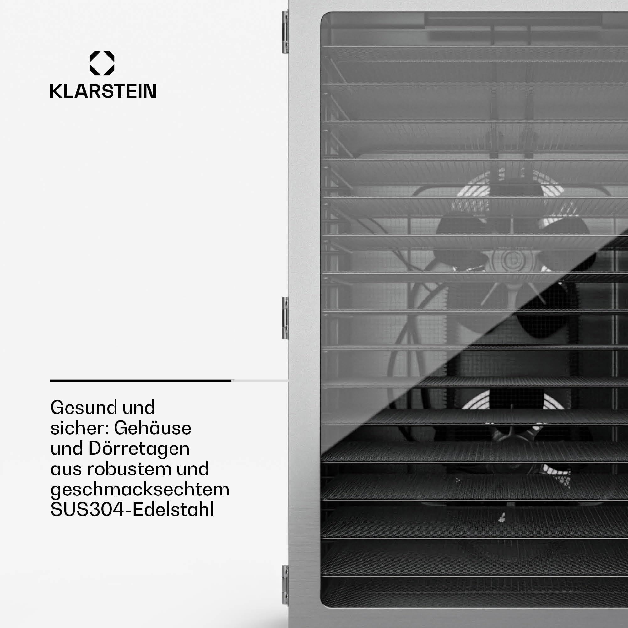 Klarstein Dörrgerät, Dörrautomat für Gemüse, Obst, Pilze & Fleisch, 1500W Edelstahl-Dörrautomat, Trockenautomat mit 16 Metallgitter, Dörrgerät mit 24H Timer & Touch-Display, Food Dehydrator