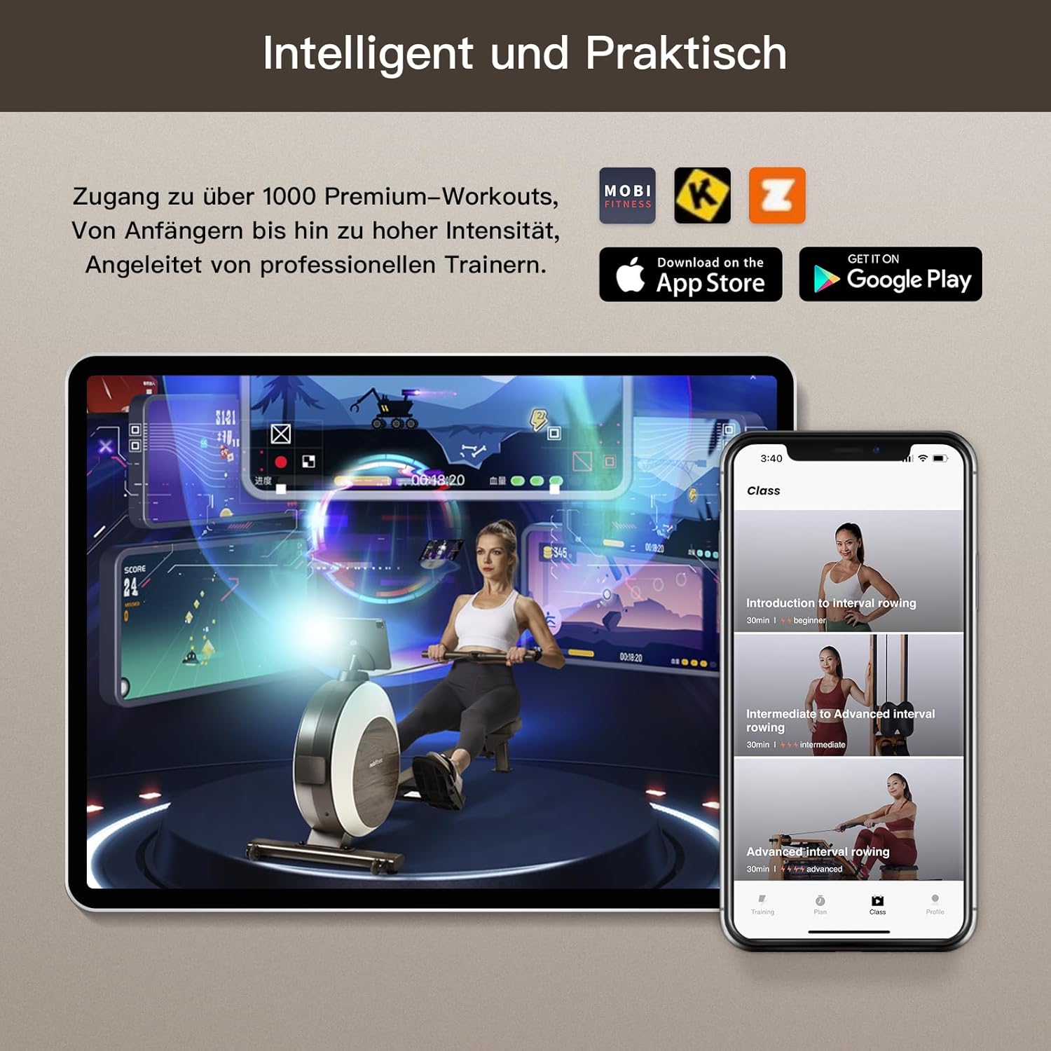 MOBI FITNESS Rudergerät: Magnetisch, leise, 40 Widerstände, LED