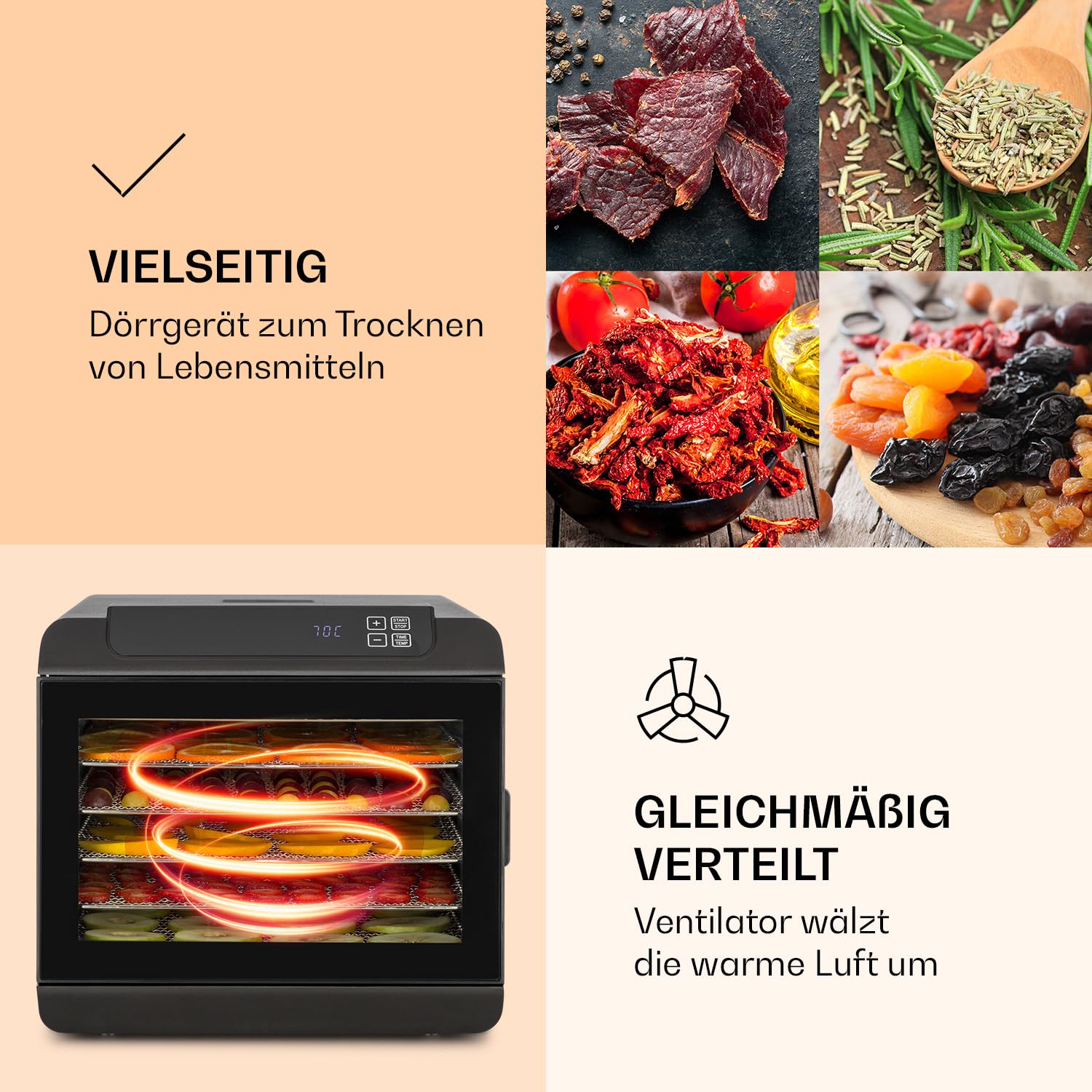 Klarstein Arizona Jerky Dörrautomat - Dörrgerät, Dehydrator, trocknet Obst, Fleisch und Früchte, 500 Watt, 35-70°C, 6 spülmaschinenfeste Einlagefächer, kurze Trockenzeit, Touch-Display, schwarz