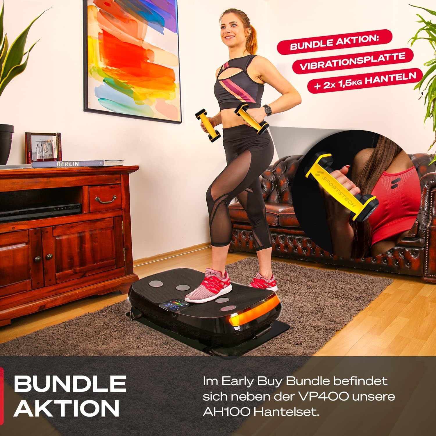 Sportstech VP400: 4D Vibrationsplatte mit Smart‑LED und Trainingsbändern