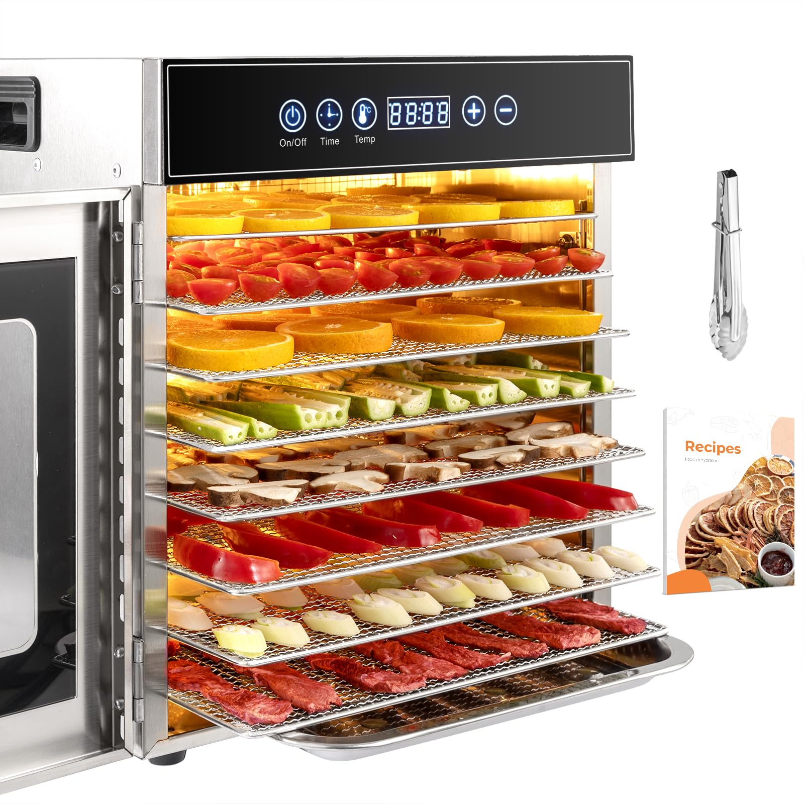 Kwasyo Dörrautomat Edelstahl DA 1000, XXL-Dörrfläche 1,8 m², Dörrgerät Temperatur einstellbar 30-90℃, LED-Display, 24 Std, BPA-frei, mit Rezeptheft, 10 Edelstahl-Dörrtabletts