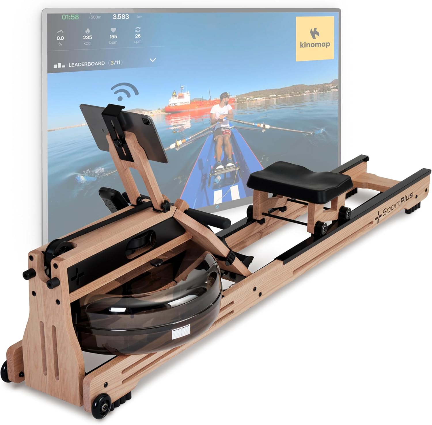 SportPlus Water Rowing Machine Solid Oak Wood Rower App-Compatible